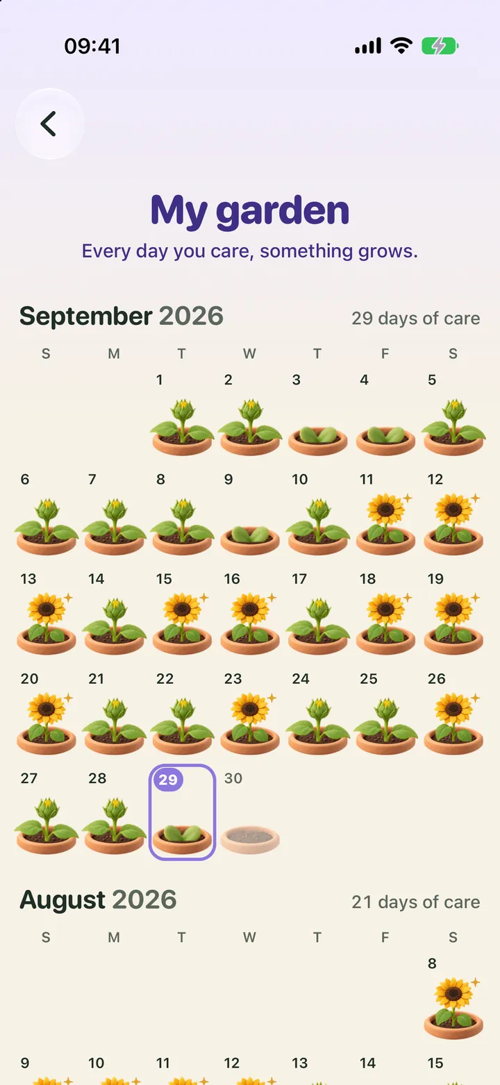 Leo’s garden calendar (Demo family): a full September 2026 of clay pots where each cared day grew a sprout or a sunflower, 29 days of care, with August below.