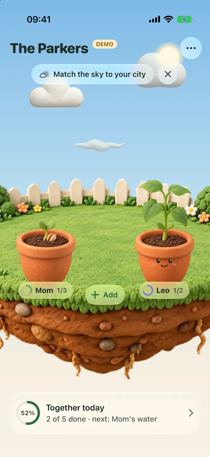Habit Garden home screen for the Parkers (Demo family): Mom’s and Leo’s pots on the garden island under the sky of the moment, and a Together today card with the family’s progress for the day.
